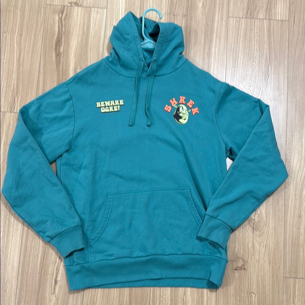 Shrek Beware Ogre Men's Sweatshirt Hoodie Double Sided Graphics Teal Size M